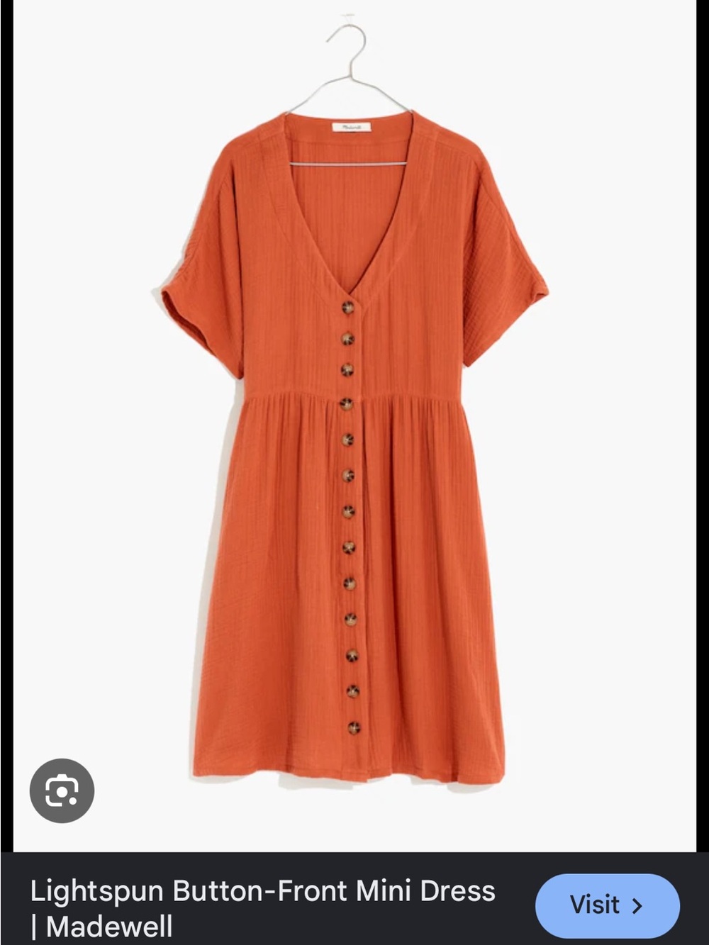Madewell Rust Orange Button-Front Mini Dress